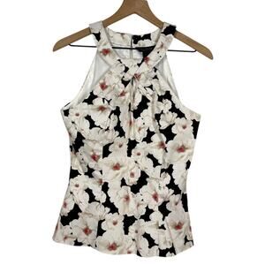 WHBM Black Halter Tank Top Womens Size 6 White Black Floral Old Money Rich Style